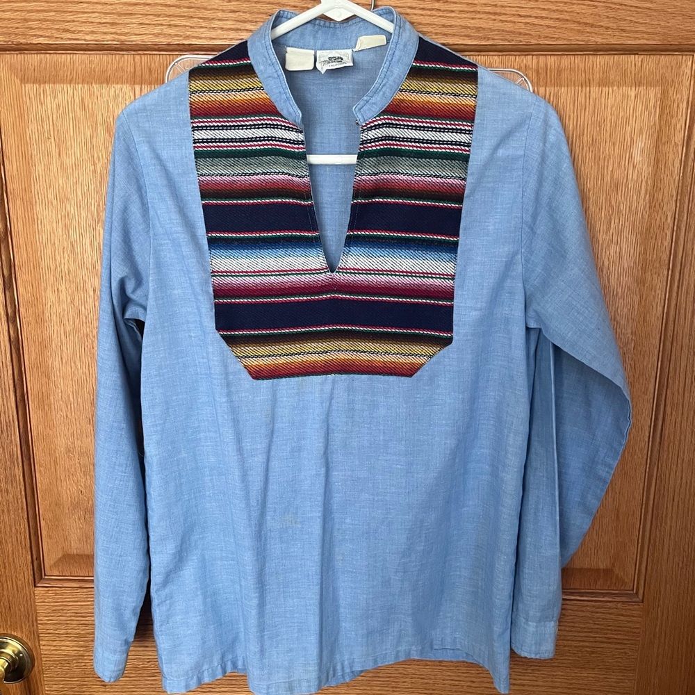 Vintage Blue Shirt with Multicolor Mexican blanket textile Striped Accent